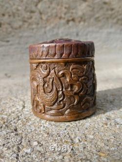 19th-Century Copper Snuff Box with Dragons, Asian Opium Box, Repoussé and Sculpted Copper