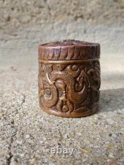 19th-Century Copper Snuff Box with Dragons, Asian Opium Box, Repoussé and Sculpted Copper