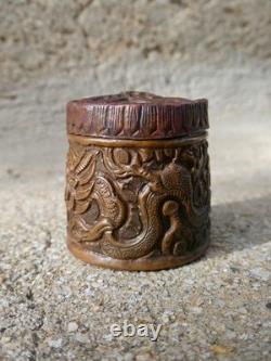 19th-Century Copper Snuff Box with Dragons, Asian Opium Box, Repoussé and Sculpted Copper