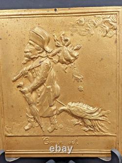 19th-Century Satirical Gilt Bronze Plaque, Caricature of Fallen Napoleon III, 26 x 22 cm, 1.3 kg