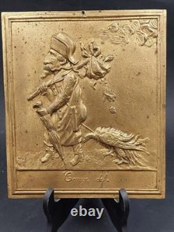 19th Century Satirical Plaque Gold-Plated Bronze Caricature of Fallen Napoleon III 26x22cm 1.3kg