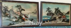 2 Glass-Framed Fixed Tableaux Japan XIXth Century Scenes of Life, Geishas by the Lake