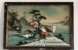 2 Glass-Framed Fixed Tableaux Japan XIXth Century Scenes of Life, Geishas by the Lake