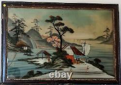 2 Glass-Framed Fixed Tableaux Japan XIXth Century Scenes of Life, Geishas by the Lake