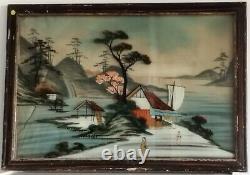 2 Glass-Framed Fixed Tableaux Japan XIXth Century Scenes of Life, Geishas by the Lake