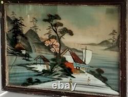 2 Glass-Framed Fixed Tableaux Japan XIXth Century Scenes of Life, Geishas by the Lake