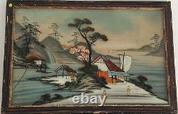 2 Glass-Framed Fixed Tableaux Japan XIXth Century Scenes of Life, Geishas by the Lake