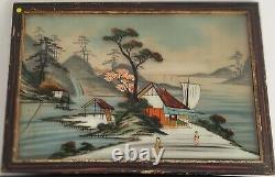 2 Glass-Framed Fixed Tableaux Japan XIXth Century Scenes of Life, Geishas by the Lake