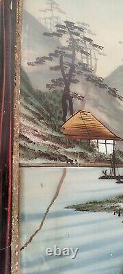 2 Glass-Framed Fixed Tableaux Japan XIXth Century Scenes of Life, Geishas by the Lake