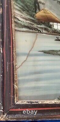 2 Glass-Framed Fixed Tableaux Japan XIXth Century Scenes of Life, Geishas by the Lake