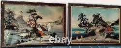 2 Glass-Framed Fixed Tableaux Japan XIXth Century Scenes of Life, Geishas by the Lake