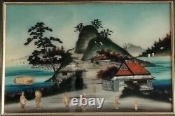 2 Glass-Framed Fixed Tableaux Japan XIXth Century Scenes of Life, Geishas by the Lake