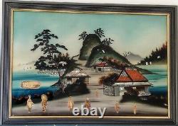 2 Glass-Framed Fixed Tableaux Japan XIXth Century Scenes of Life, Geishas by the Lake