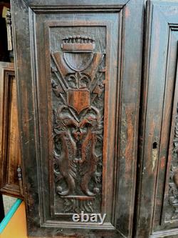 2 Gothic carved wooden panels, early period, oak, birds
