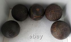 5 Lyonnaise cloutée pétanque balls, including 1 with No. 2 folk art