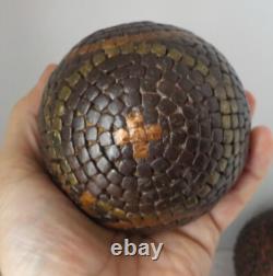 5 Lyonnaise cloutée pétanque balls, including 1 with No. 2 folk art