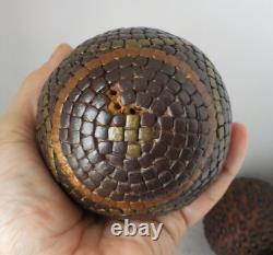 5 Lyonnaise cloutée pétanque balls, including 1 with No. 2 folk art