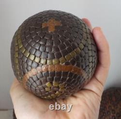 5 Lyonnaise cloutée pétanque balls, including 1 with No. 2 folk art