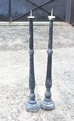 99 cm Pair of antique large candlesticks, turned wood, 18th-19th century
