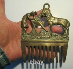 ANCIENT RARE HORSEHAIR COMB BRONZE HORSES antique brass horse FOLK ART