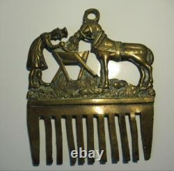 ANCIENT RARE HORSE HAIR COMB BRONZE HORSES antique brass horse FOLK ART