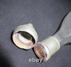 ANTIQUE BLOWN GLASS FEEDING BOTTLE CRACKED TIN 19TH CENTURY FOLK ART