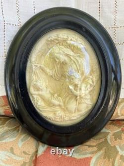 ANTIQUE Oval Blackened Wood Frame Napoleon III with Convex Glass Virgin and Child