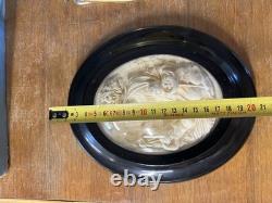 ANTIQUE Oval Blackened Wood Frame Napoleon III with Convex Glass Virgin and Child