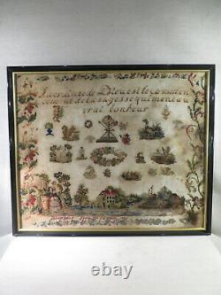 Ancienne Jolie Embroidery Points De Croix Tapestry Abecedair Religious 1834