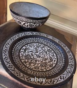 Ancient Asian Art incense bowl with carved stone saucer