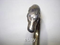 Ancient, Cane, Walking Stick, Zoomorphic Dog Head Wood and Silvered Metal