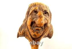Ancient Canne Art Popular Wood Carved Grotesque Heads Characters Xixe