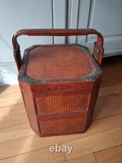 Ancient Chinese Antique Wedding Basket, Wood and Bamboo, Octagonal