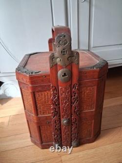 Ancient Chinese Antique Wedding Basket, Wood and Bamboo, Octagonal