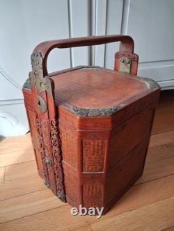 Ancient Chinese Antique Wedding Basket, Wood and Bamboo, Octagonal