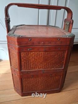 Ancient Chinese Antique Wedding Basket, Wood and Bamboo, Octagonal
