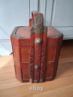 Ancient Chinese Antique Wedding Basket, Wood and Bamboo, Octagonal