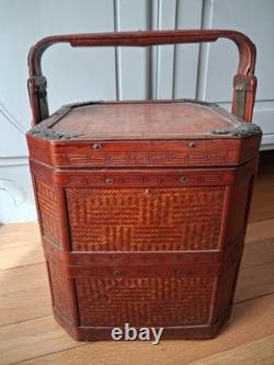 Ancient Chinese Antique Wedding Basket, Wood and Bamboo, Octagonal
