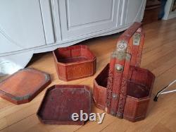 Ancient Chinese Antique Wedding Basket, Wood and Bamboo, Octagonal