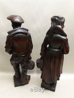 Ancient Couple Of Bretons Fisherman In Carved Wooden Statues Characters