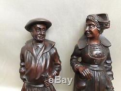 Ancient Couple Of Bretons Fisherman In Carved Wooden Statues Characters