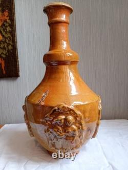 Ancient Glazed Terracotta Bottle 18th 19th Century Popular Art Medallions