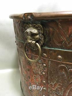 Ancient Grand Cache Copper Pot Decorated Planter Boat, Mill, Lions