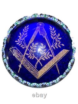 Ancient Masonic Sulfur Paperweight Freemason Compass Lodge Blue Glass