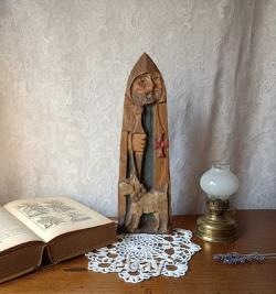 Ancient Sculpture of Saint Roch and His Dog in Polychrome Wood, Folk Art
