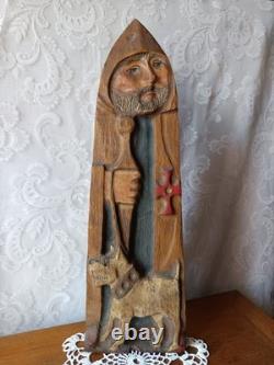 Ancient Sculpture of Saint Roch and His Dog in Polychrome Wood, Folk Art