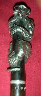 Ancient Silver Bronze Cane Monkey Perched Old Walking Stick Vintage Cane