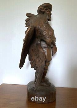 Ancient Wooden Sculpture Black Forest Hunter / Swiss, Germany Hunter Eagle