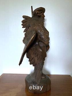 Ancient Wooden Sculpture Black Forest Hunter / Swiss, Germany Hunter Eagle