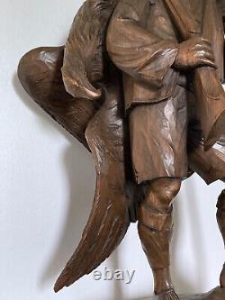 Ancient Wooden Sculpture Black Forest Hunter / Swiss, Germany Hunter Eagle